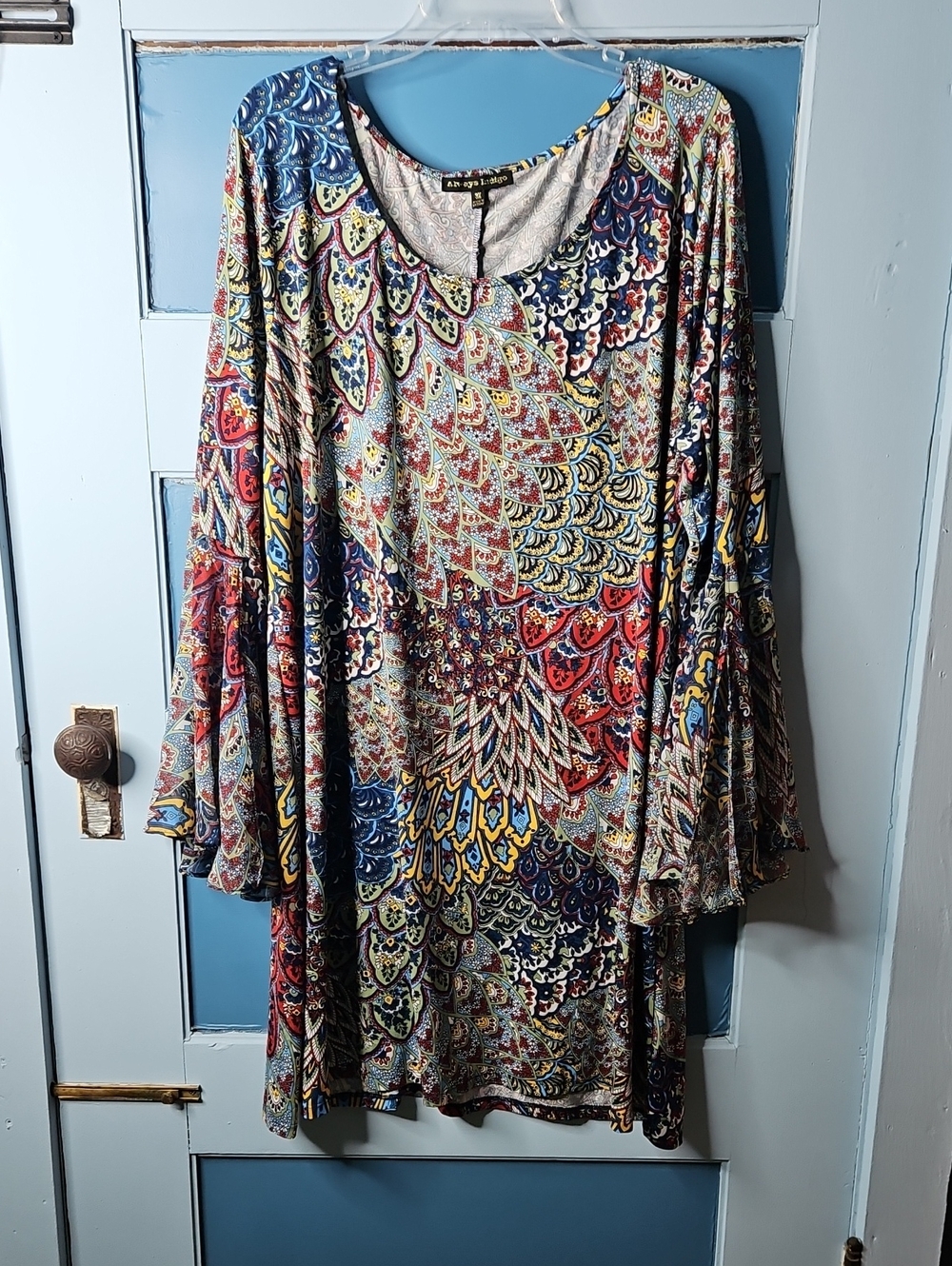 Always Indigo Boho Mix-Print Bell Sleeve Tunic Or Dress - Multicolor 3x